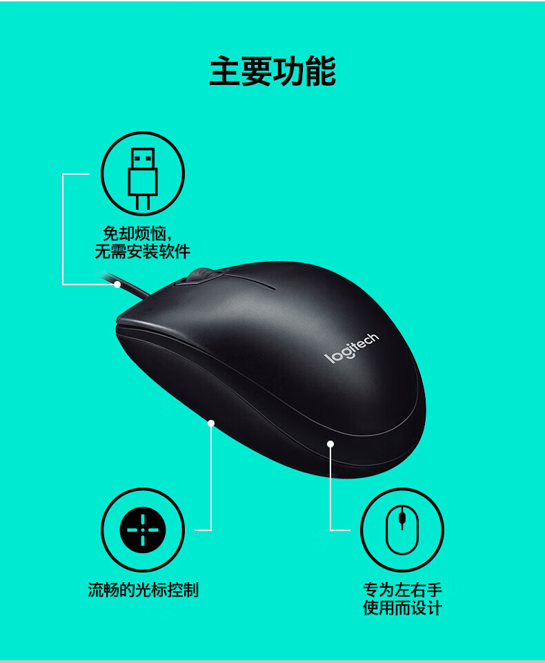 罗技 企业版 有线办公鼠标 usb鼠标全尺寸  B100 黑色（商用版）