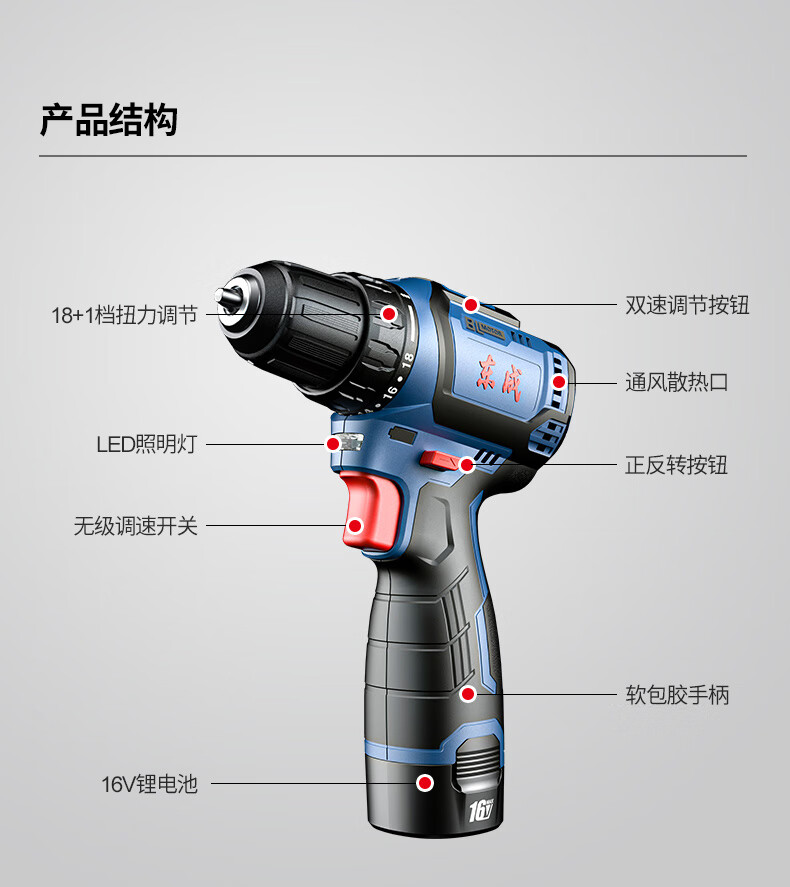 东成16V无刷手电钻双电2.0Ah家用电钻充电式电动螺丝刀锂电DCJZ1603E