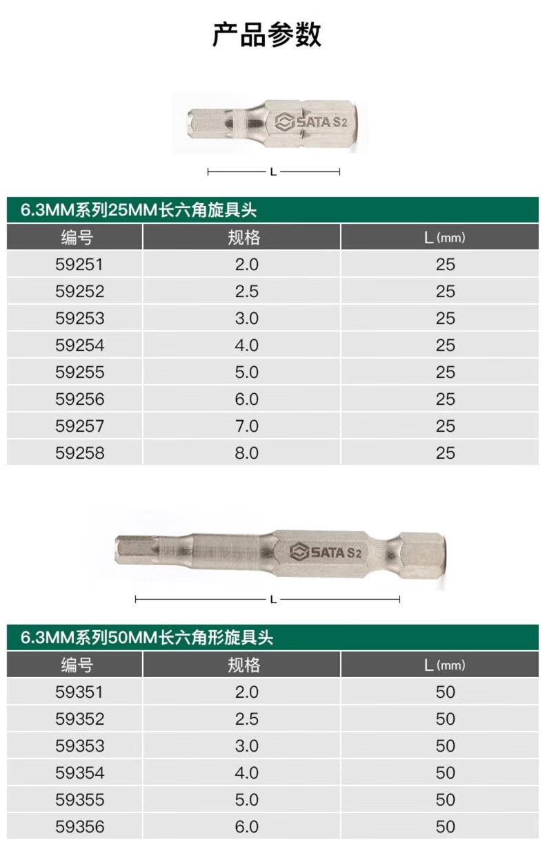 世达 6mm 50MM长六角批头 6.3MM系列六角旋具头螺丝刀批头 SATA59356 5件套