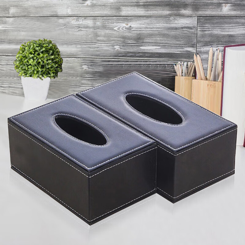 鑫优捷 商务桌面笔筒收纳盒 方形皮革纸巾盒 大号抽纸盒长24*宽12*高9.5cm  黑色