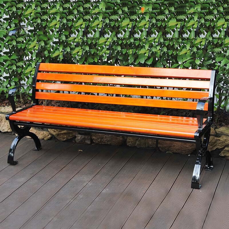 豪景家 公园椅户外铁艺靠背长椅子休闲长凳子防腐实木室外庭院广场座椅 优质防腐木(有靠背)【加厚】1.5m
