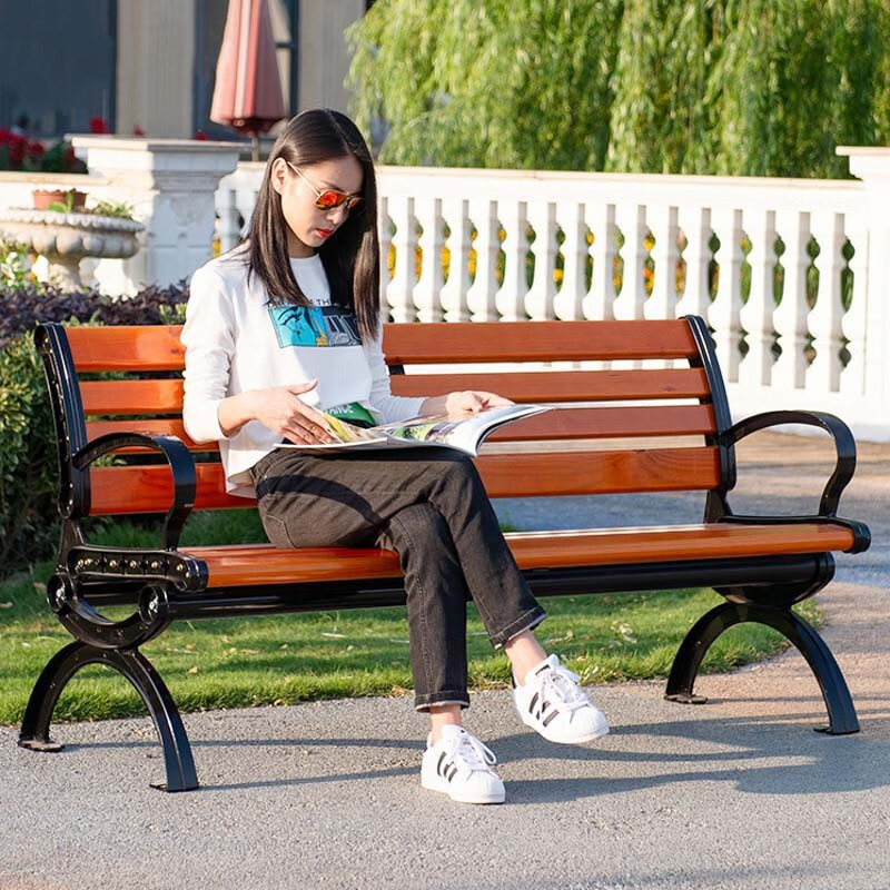 豪景家 公园椅户外铁艺靠背长椅子休闲长凳子防腐实木室外庭院广场座椅 优质防腐木(有靠背)【加厚】1.5m